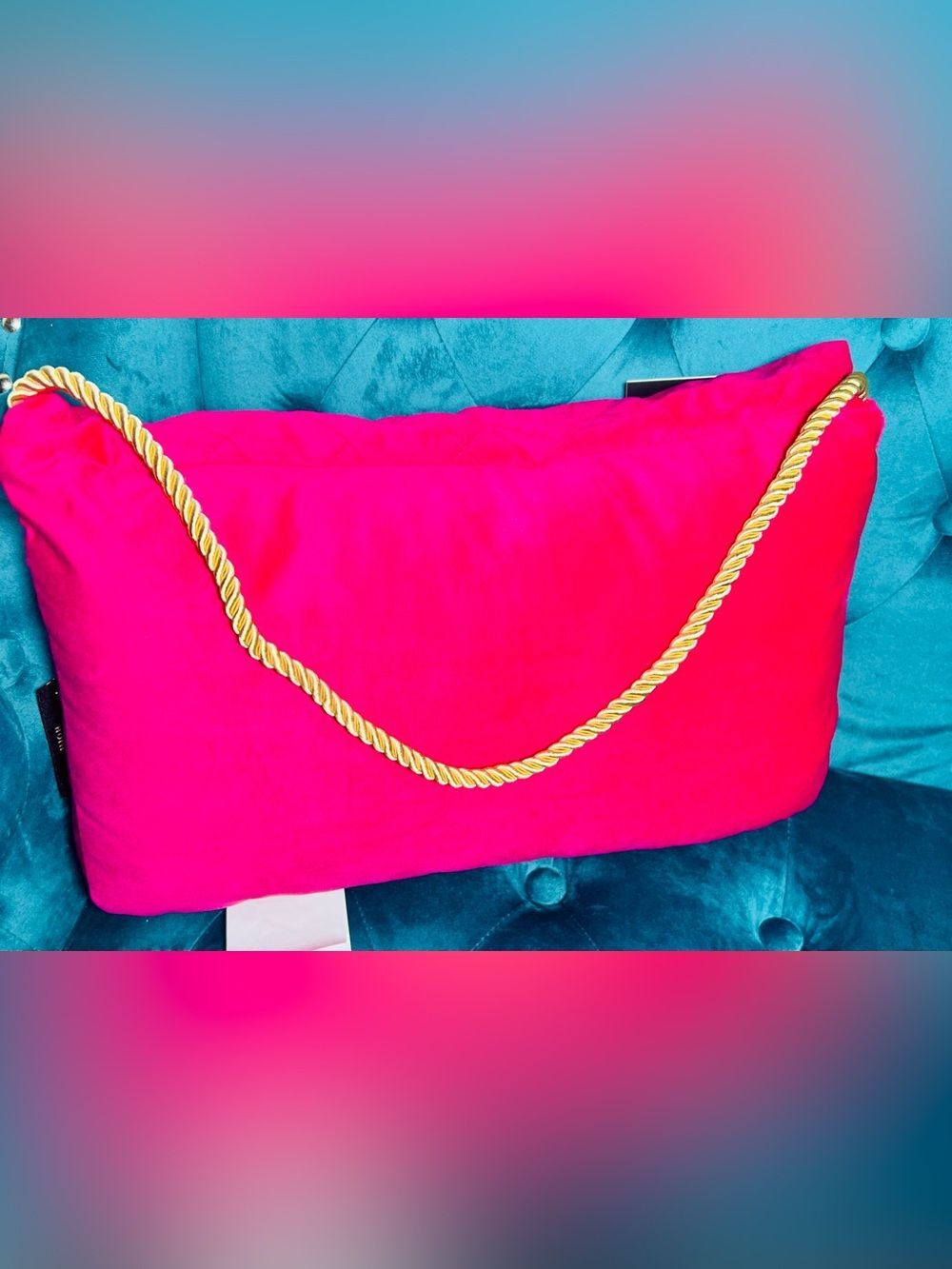 Juicy Couture Hot Pink w/Gold Rope & Embroidered Logo Purse Style Pillow NWT - Picture 3 of 8